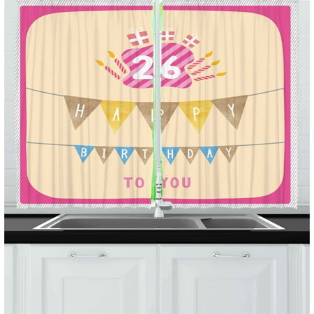 26th Birthday Curtains 2 Panels Set, Anniversary Flag with Best Wishes Message Life Modern Design Print, Window Drapes for Living Room Bedroom, 55W X 39L Inches, Peach and Hot Pink, by (Best Wishes Message For Engagement)