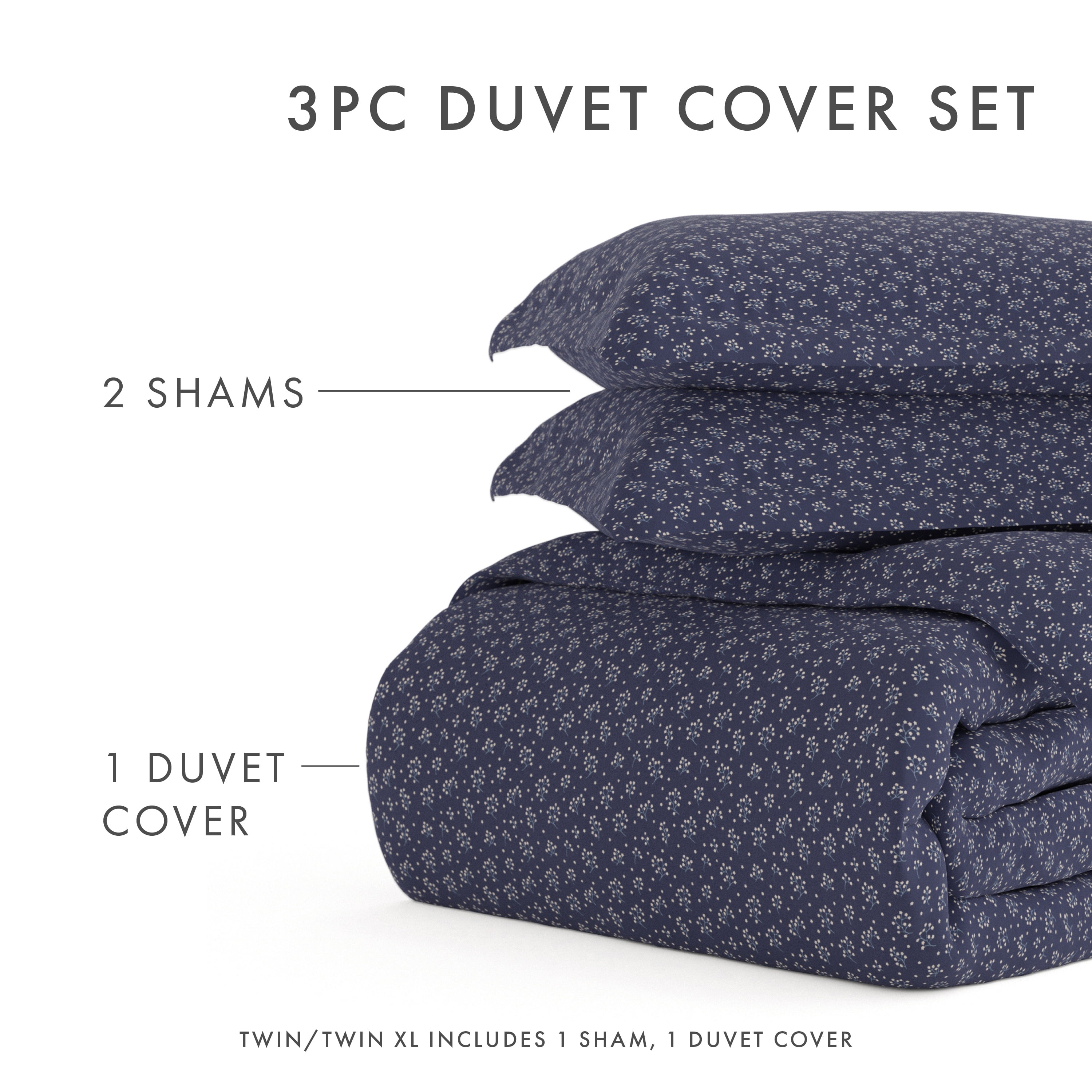 Noble Linens Navy Midnight Blossoms Pattern 3-Piece Duvet Cover Set, King/Calking