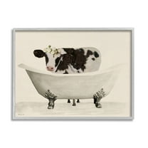 Stupell Industries Antique Bathtub Cow Animals & Insects Painting Gray Framed Art Print Wall Art, 20 x 16