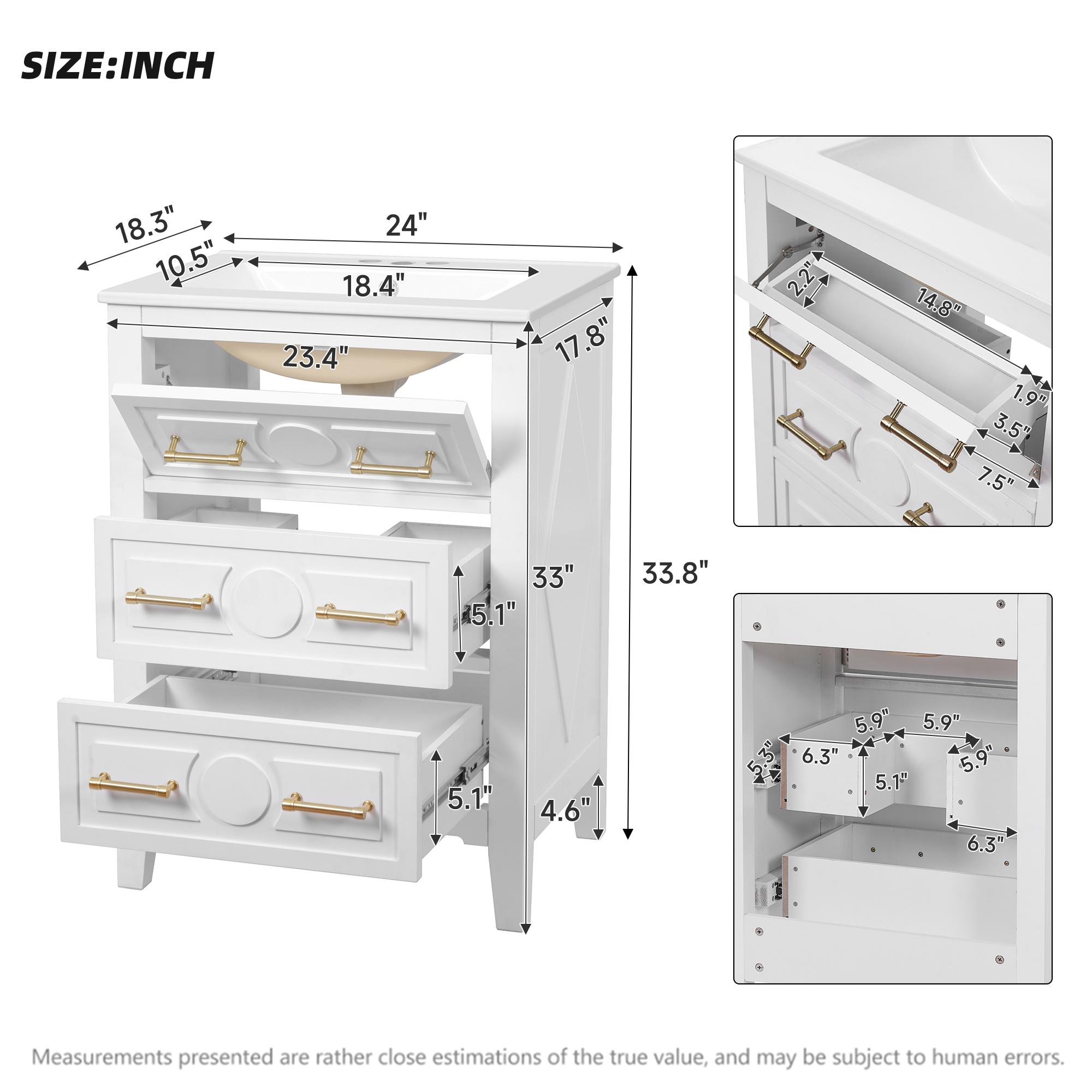 Euroco 24'' Bathroom Vanity with Ceramic Sink Combo, Free Standing Single Vanity Set with 3 Drawers, Solid Wood Frame Bathroom Storage Cabinet, White