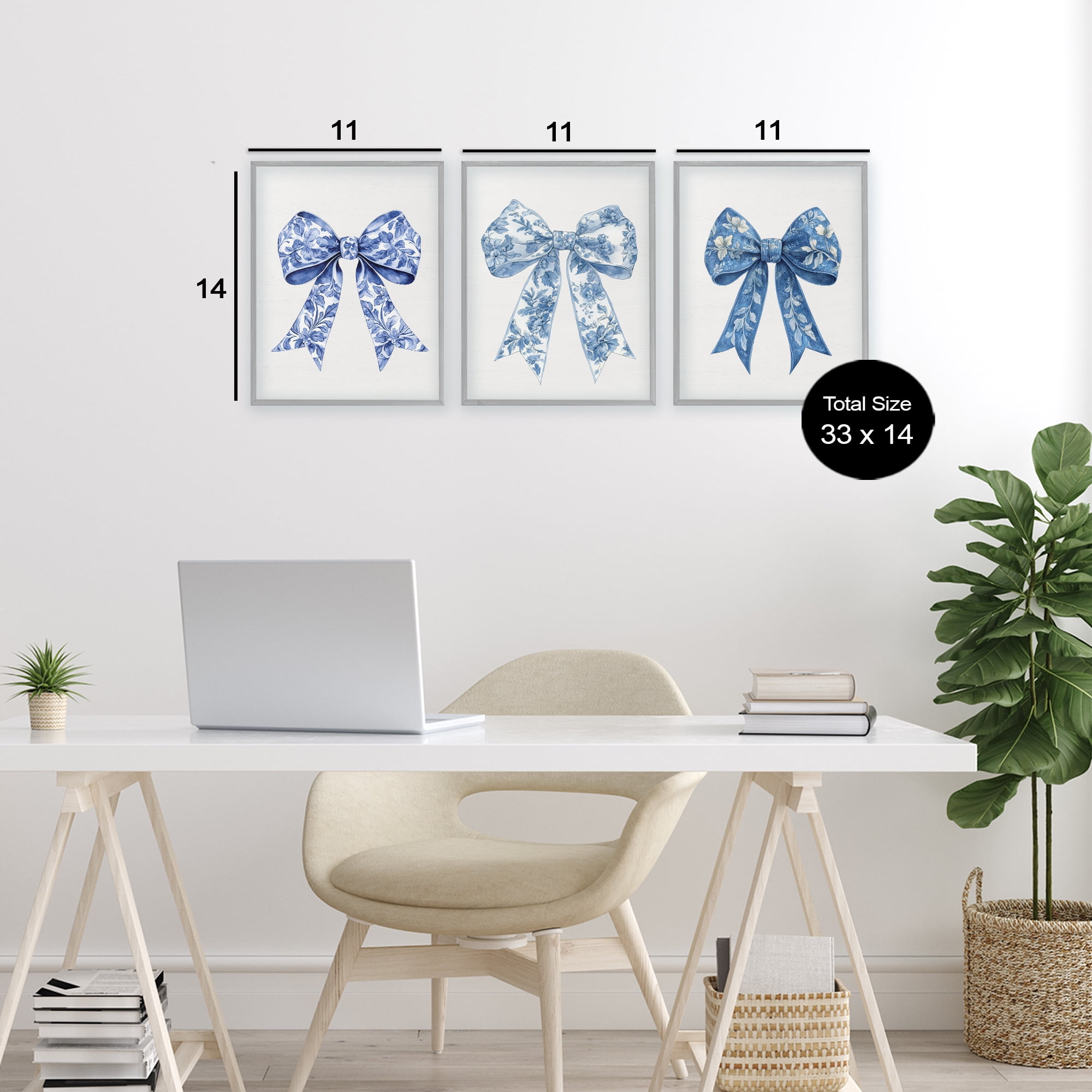 Vintage Toile Pattern Bows 3 Piece Gray Framed Giclee Art Set, design by Lettered and Lined