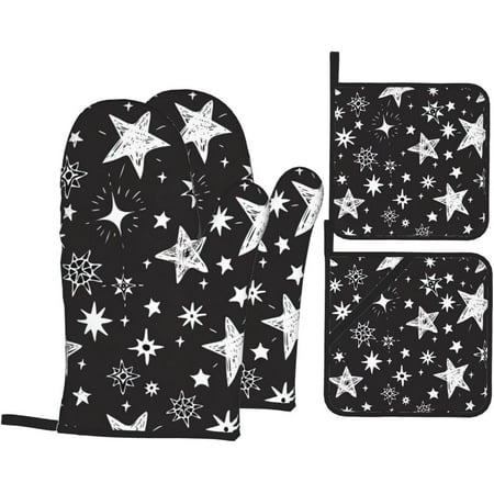

JUSIP Black and White Stars Oven Mitts and Pot Holders Sets of 4 Heat Resistant Oven Mitts Gloves Pot Holders with Non-Slip Surface for Cooking Baking