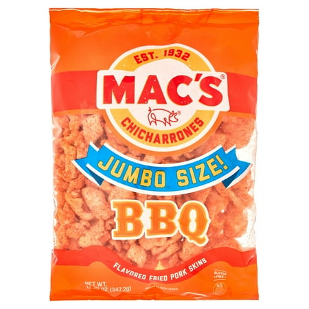 Mac's Chicharrones BBQ Flavored Fried Pork Rinds, Pork Skins, 12.25 oz Bag