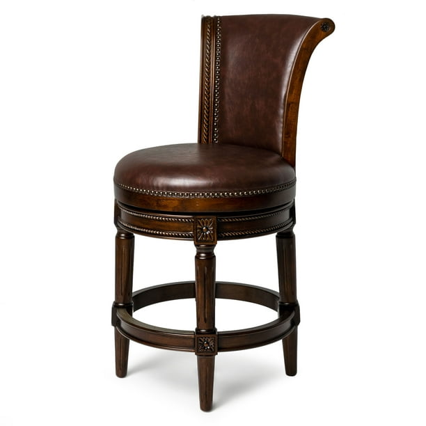 Maven Lane Pullman Carved Hardwood 180 Degree Swivel Bar Stool, 25" High PU Vegan Leather Seat
