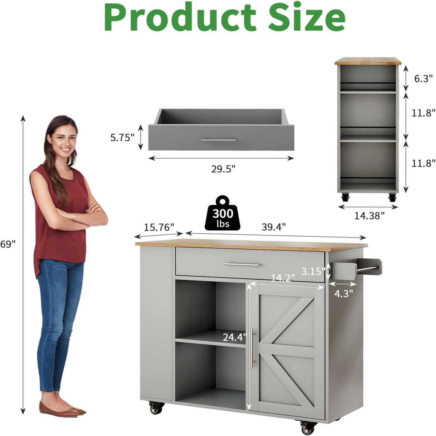 DreamCurship 39" Kitchen Island Cart with Storage, Kitchen Cart Island on Wheels, Rolling Kitchen Island with Spice Rack & Towel Rack, Island Table for Kitchen, Gray