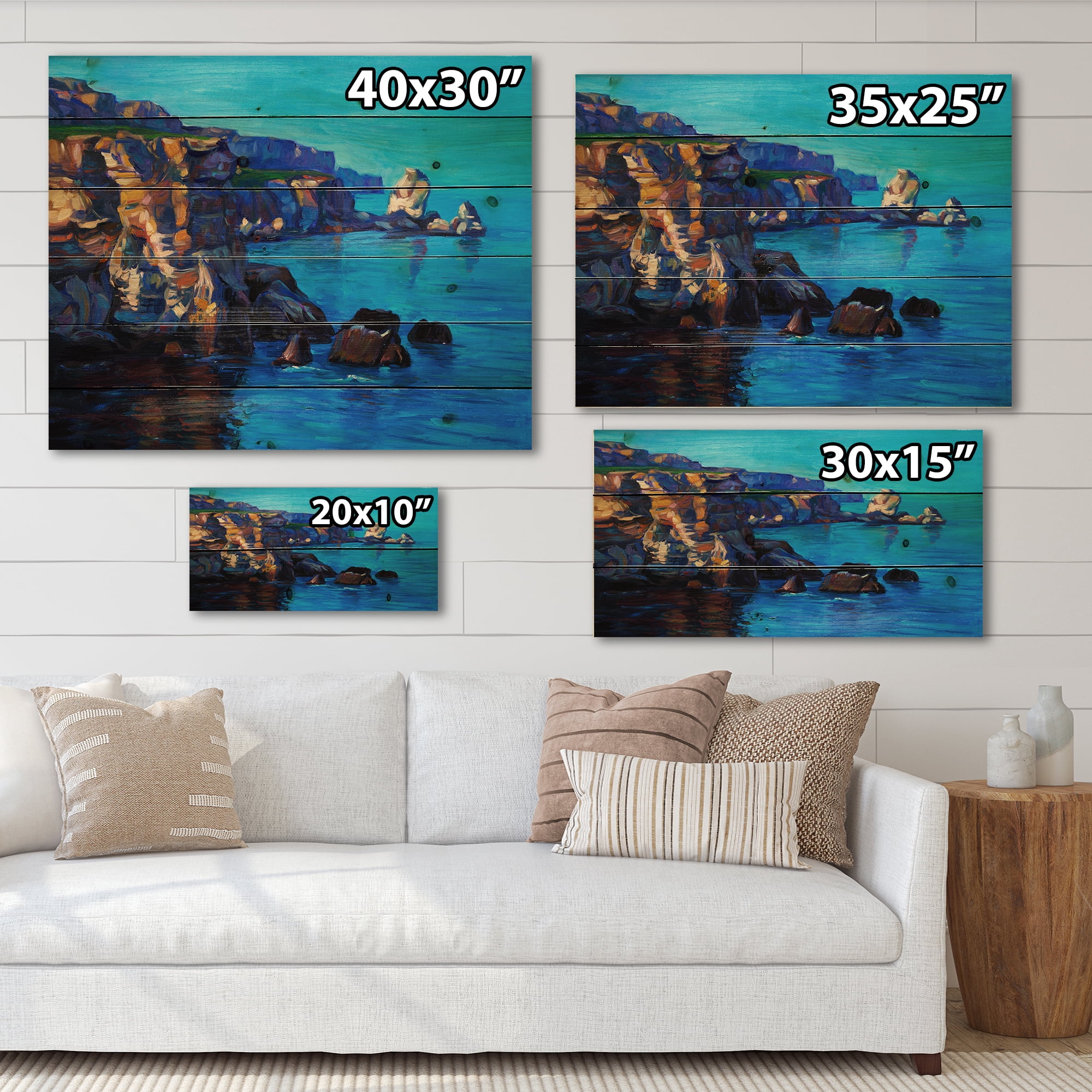 Designart 'The Ocean By Cliffs In The Evening Glow' Nautical & Coastal Print on Natural Pine Wood