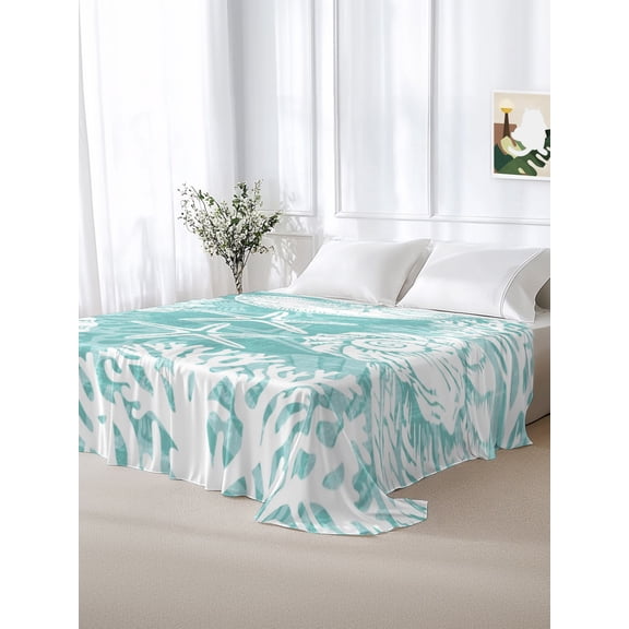 California King Size Flat Sheet Only,Turquoise Ocean Coral Conch Soft Top Bed Sheets Breathable Bedding Sheet Summer Coastal Starfish Microfiber Hotel Luxury Top Sheets