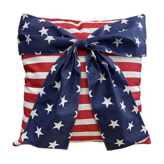 45x45cm Patriotic Red White Blue Striped Print Independence Day Pillow Covers, Patriotic American Flag Throw Pillow with Bow, For Couch Sofa Bedroom Independence Day