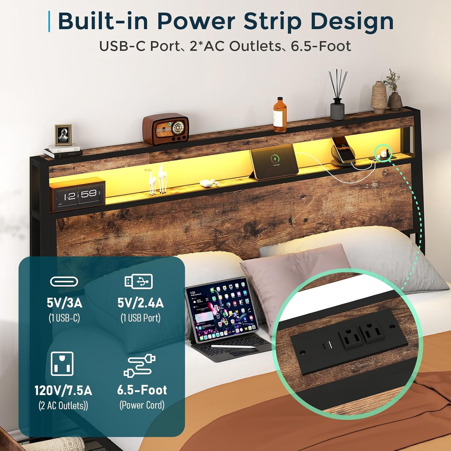 DRNANLIT King Size Bed Frame with 4 Drawers Storage, LED Bed Platform with Headboard, Charging Station, No Box Spring Needed, Vintage Brown