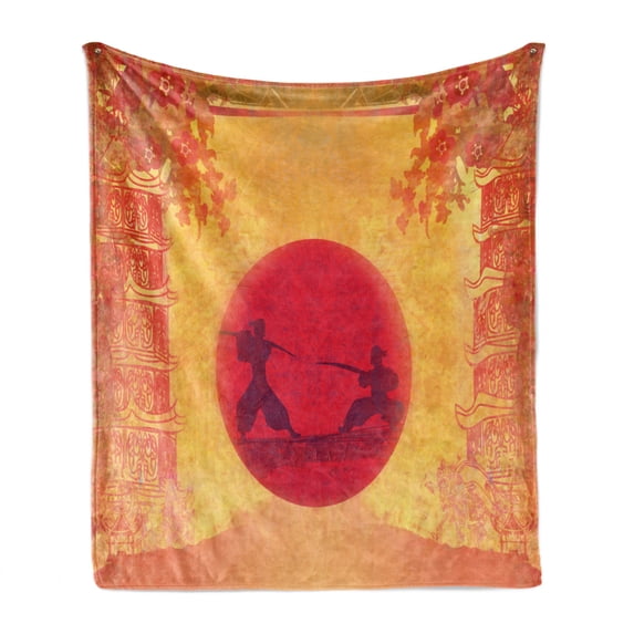 Japanese Soft Flannel Fleece Throw Blanket, Warrior Ninjas at Sunset Between Building Flowers Theme Japanese Print, Cozy Plush for Indoor and Outdoor Use, 60" x 80", Mustard and Purple, by Ambesonne