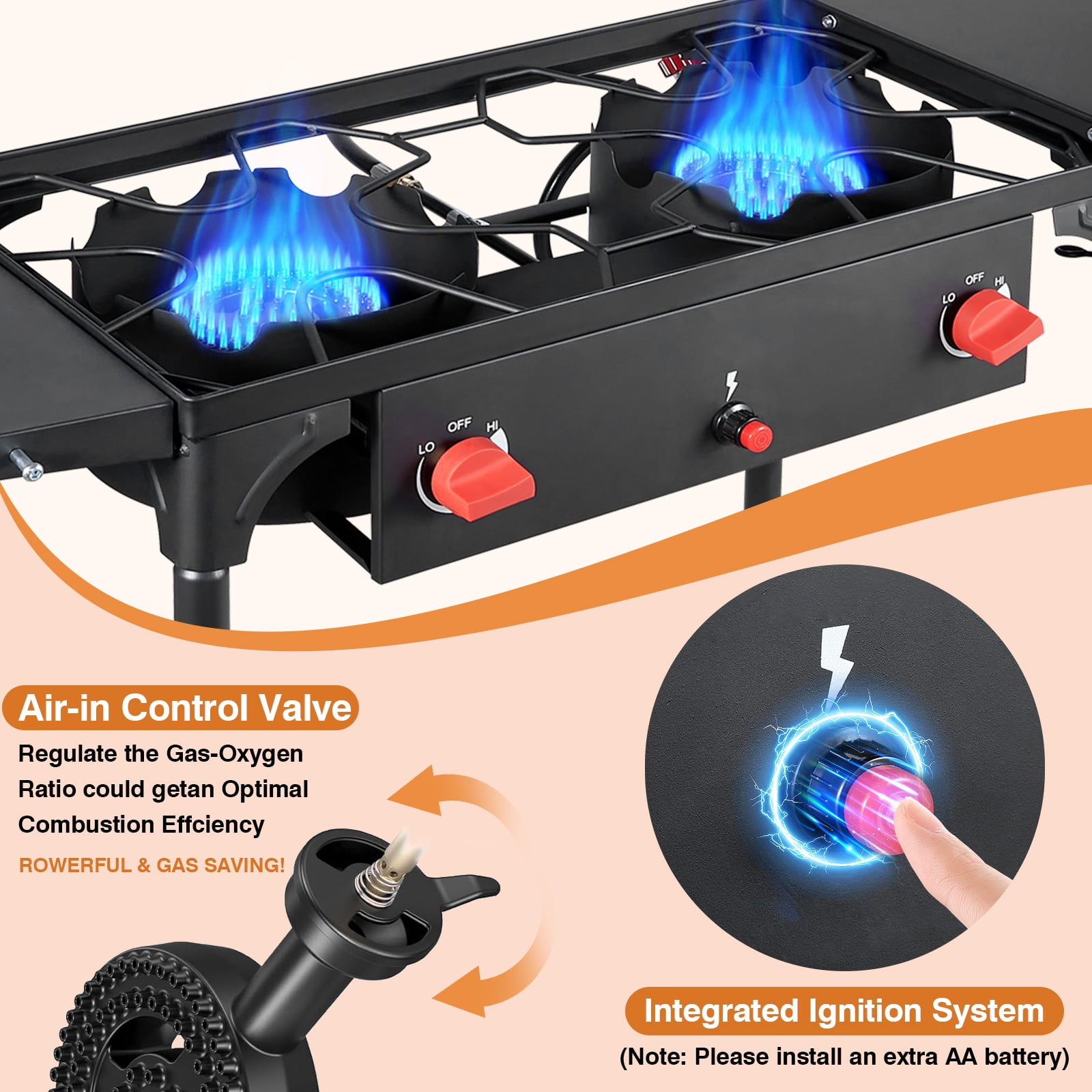 SIXDAY 2-Burner Propane Gas Outdoor Stove with Side Shelves, Auto Ignition, Removable Legs & Regulator, 150,000 BTU