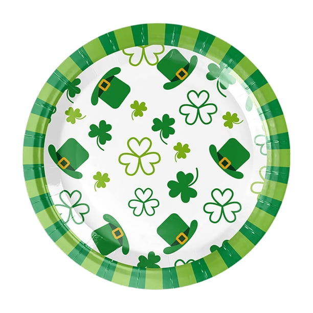 Penkiiy Plato de fiesta de San Patricio& Napkin Set Green Shamrock Plaid Plates (Edición española)& Green Shamrock Plaid Paper Napkin, diseño de trébol para el día de San Patricio