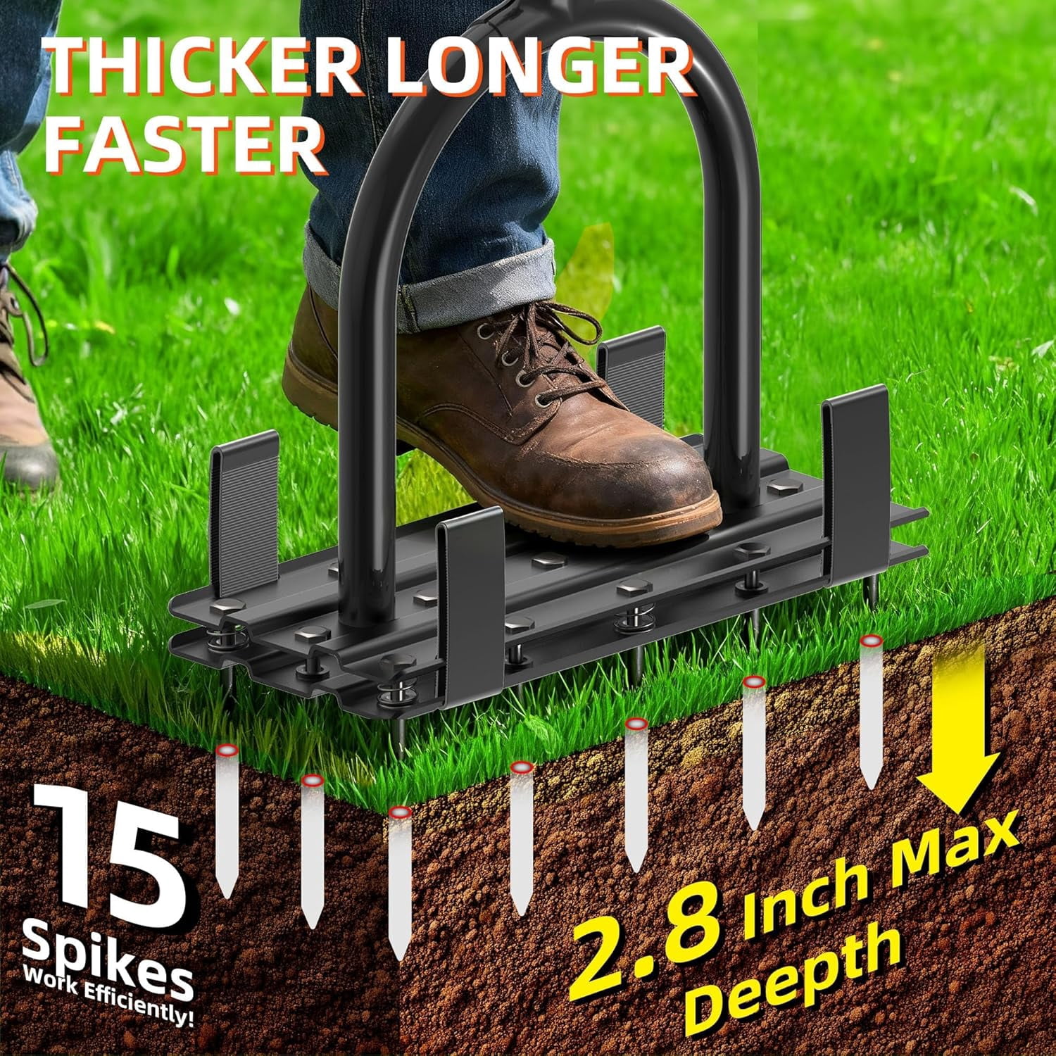 Manual Lawn Aerator Tool with 15 Spikes, 6 Inch Steel Spike Grass Aerator with Spring Assist Foot Plate for Yard, Lawn, Garden Soil Loosening and Lawn Care Product Description