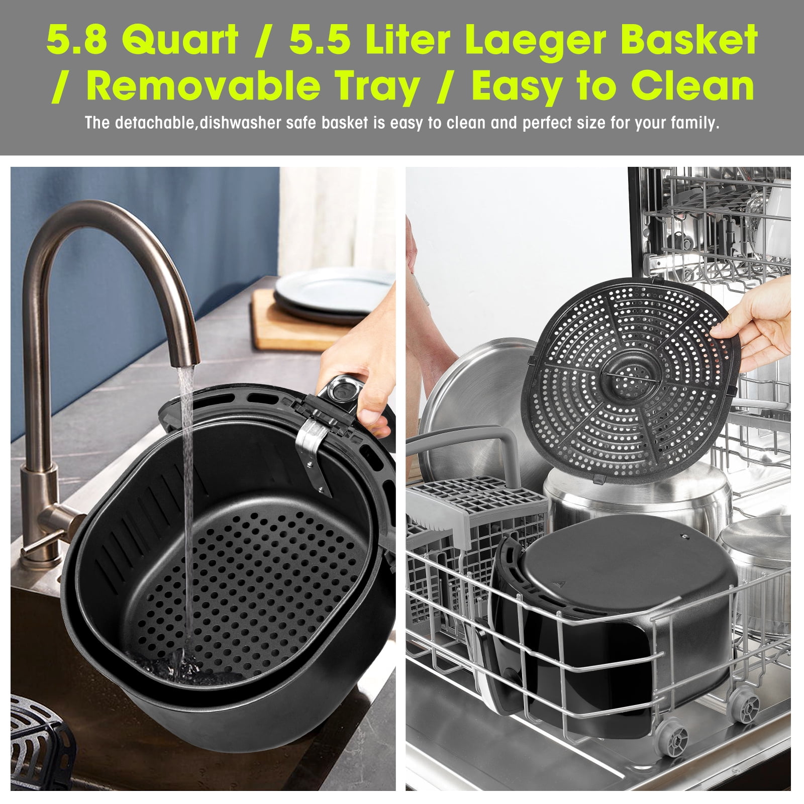Uten 5.8 Qt Air Fryer, 1700 W 8-in-1 Oil-Free Air Fryer with Nonstick Basket, Black