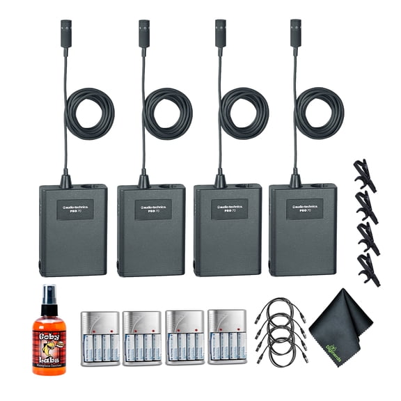 Audio-Technica Pro 70 Cardioid Lavalier Microphone (Pack of 4)   Goby Labs Microphone cleaner   Pack of 4 10 Ft XLR Cable   Pack of 4 4xAA Batteries With Charger   More