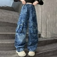 thumbnail image 2 of PINQI Teen Girls Cargo Jeans Oversized Pockets Baggy Wide Leg Streetwear Denim Pants Kids Elastic Waist Y2k Denim Trousers, 2 of 9