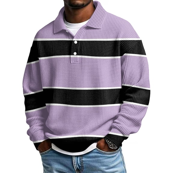 Long Sleeve Polo Shirts for Men Waffle Henley Shirts with Collar Oversized Casual Button Up Shirt Golf Polo Shirt Purple 5XL