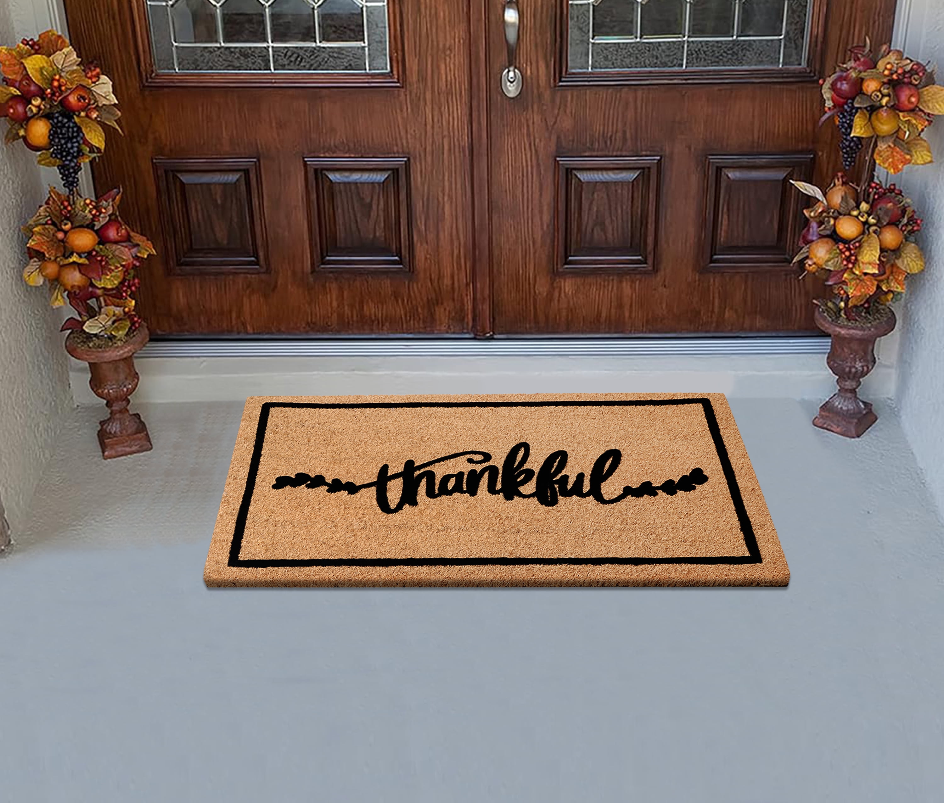 A1HC Natural Coir Flocked Doormat, Thankful Black, 24"x36", Durable Outdoor Welcome Mat