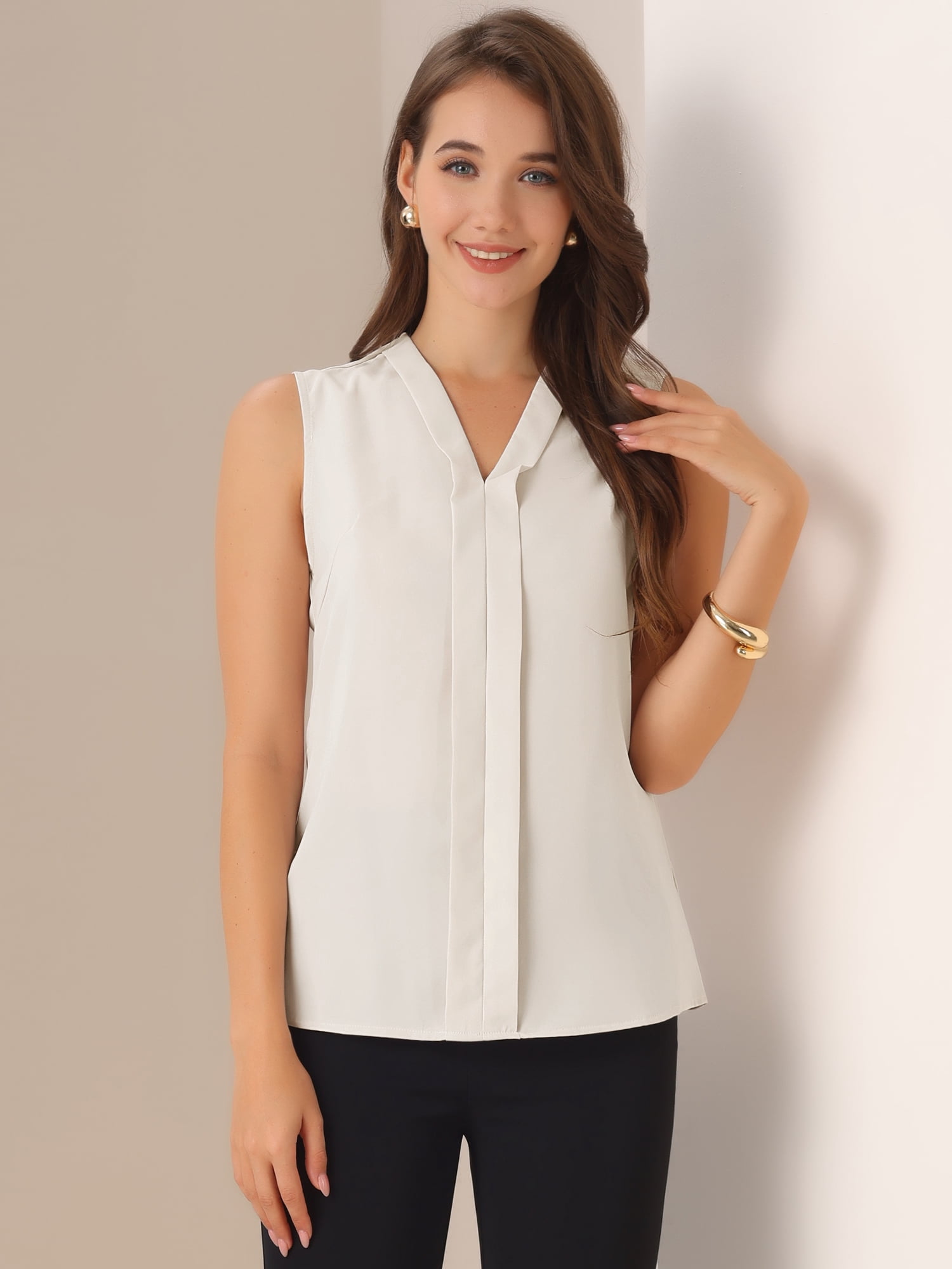 DARING DIVA Women's Sleeveless Pleated Front V Neck Work Office Blouses XL Beige