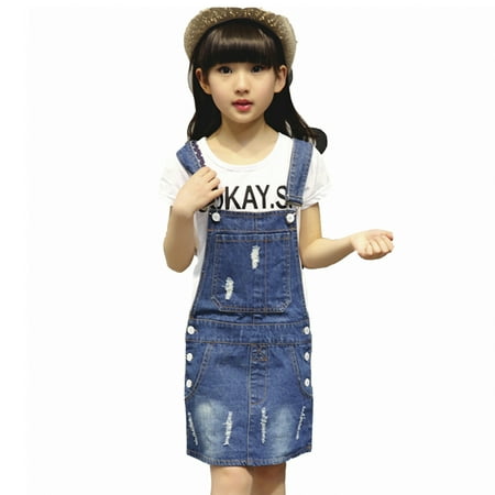 

KIDSCOOL SPACE Little Girls Ripped Adjustable Jean Overall Denim Dress 9T