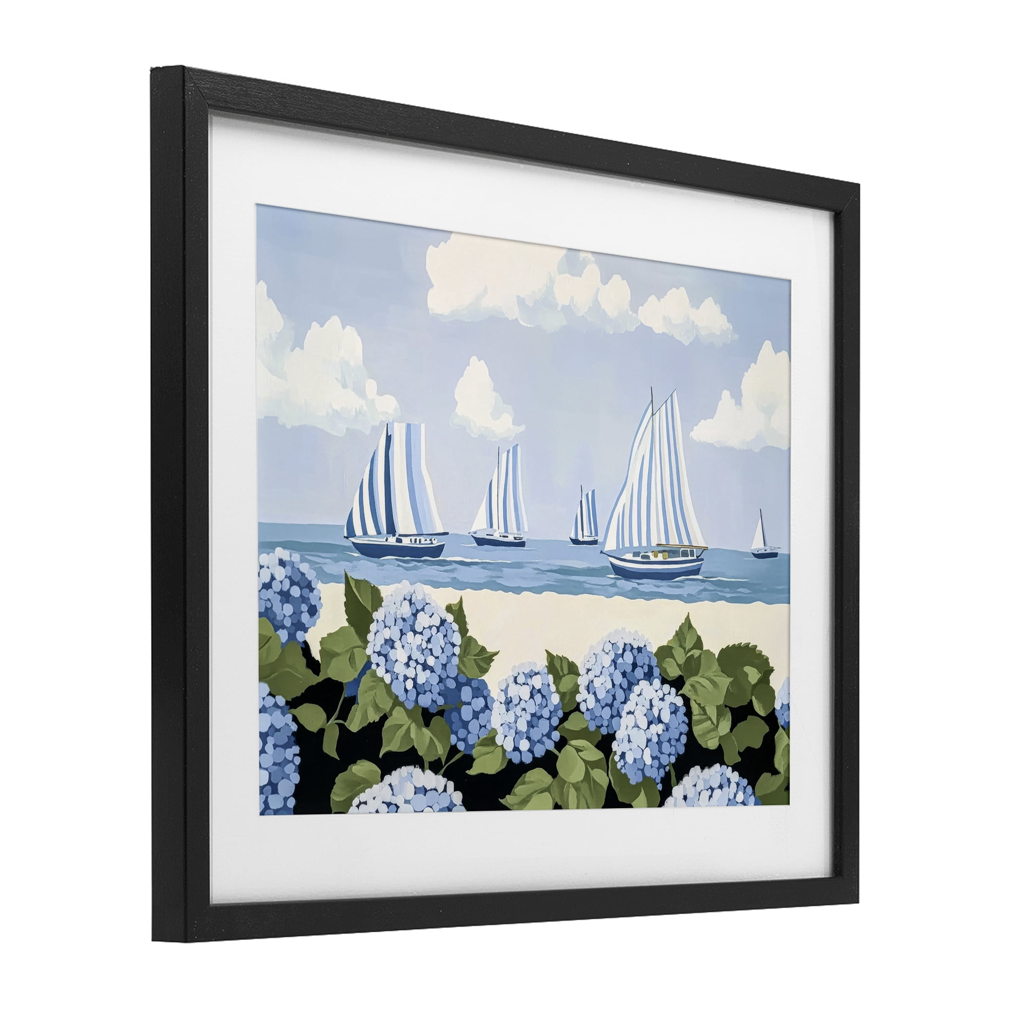 Stupell Industries Striped Sails & Seaside Hydrangeas Black Framed Print Under Glass, design by Sisi and Seb