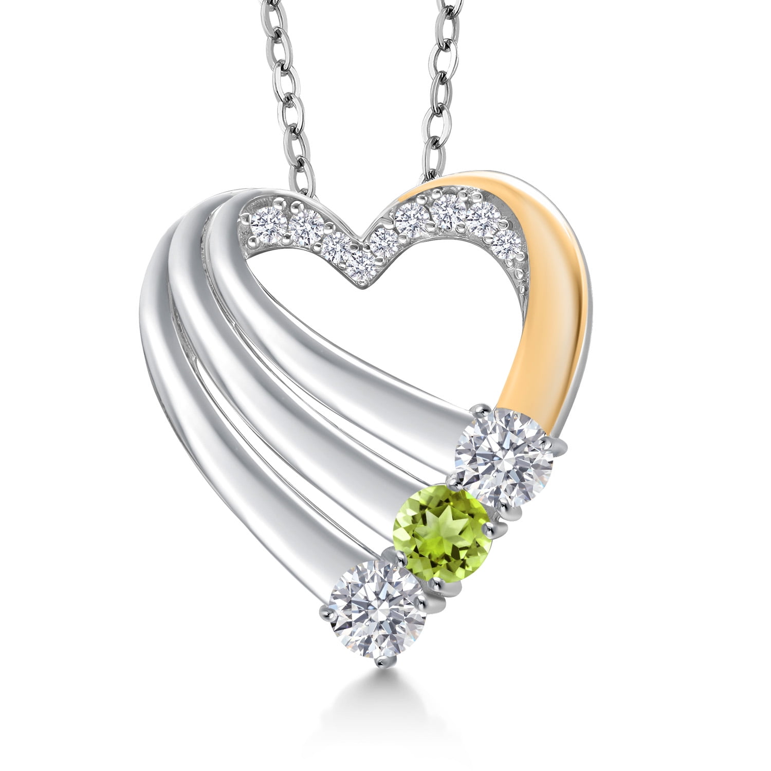 Gem Stone King 925 Silver and 10K Yellow Gold White Lab Grown Diamond and Green Peridot Heart Pendant for Women | 0.94 Cttw | Gemstone April Birthstone | With 18 inch Chain