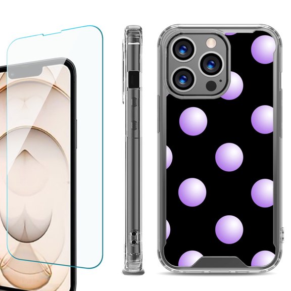 Shockproof Bumper Phone Case for iPhone 13 Pro Max, with Tempered Glass Screen Protector, by OneToughShield ® - Polka Dot / Purple