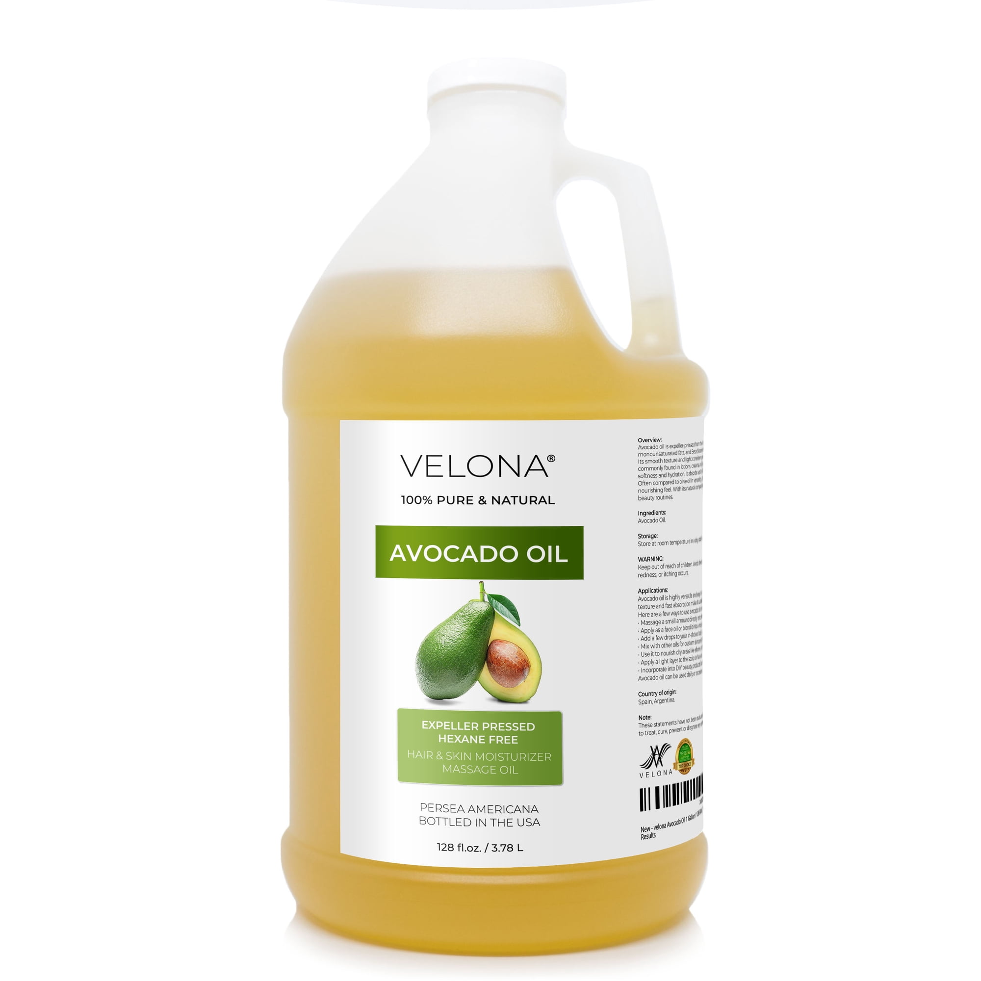 Velona Avocado Oil 1 Gallon / 128 Fl Oz | 100% Pure and Natural Carrier Oil | Expeller-Pressed | Hair, Body and Skin Care | Use Today - Enjoy Results