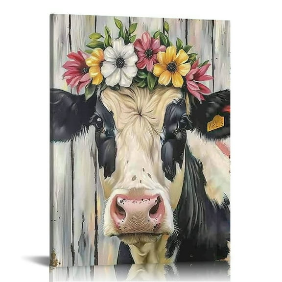 JRXY Farmhouse Cow Wood Wall Art: Rustic Framed Prints Country Cow and Flowers Picture Farm Animal Painting for Living Room Bedroom 12x16 in