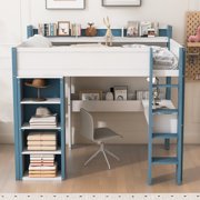 Euroco Wood Full Size Loft Bed with Storage Headboard, Bookcase. Desk and Clothes Hanger for Kids Teens Adults, White&Blue