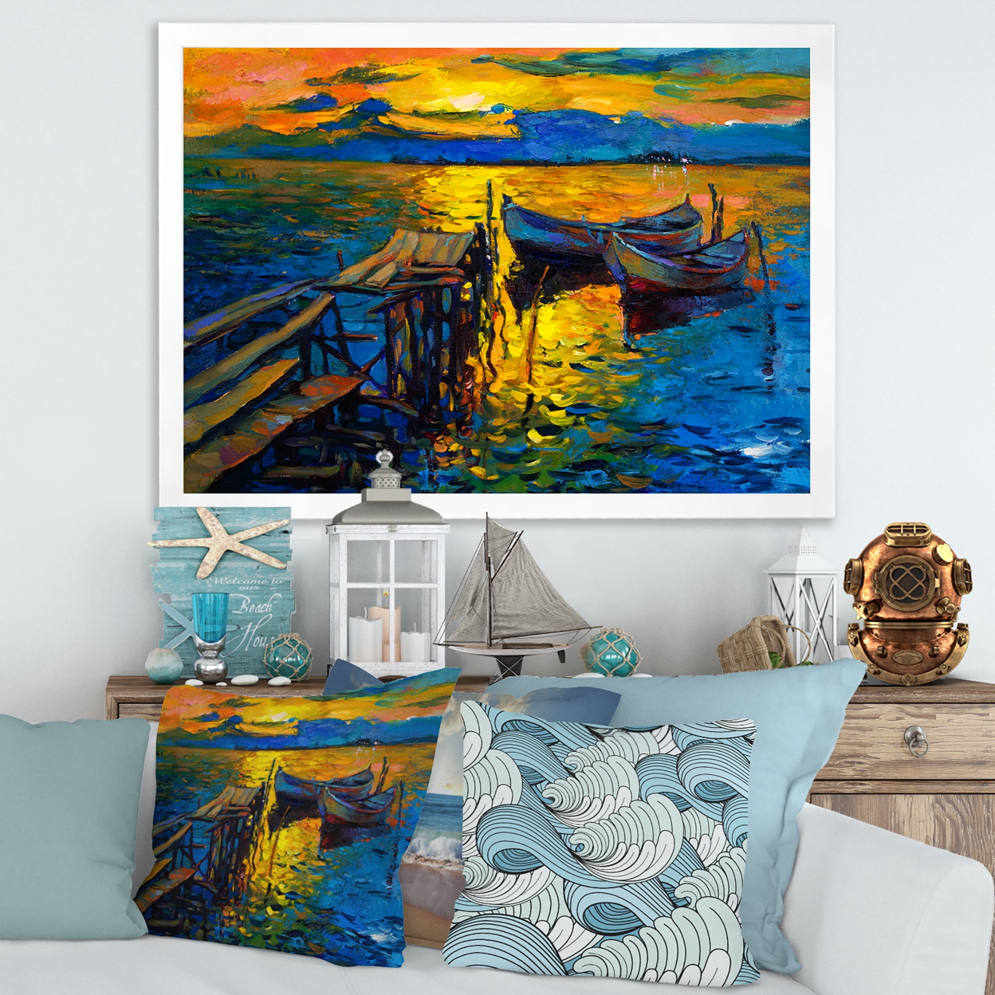 Boat At The Lake During Evening Glow II 32 in x 16 in Framed Painting Canvas Art Print, by Designart