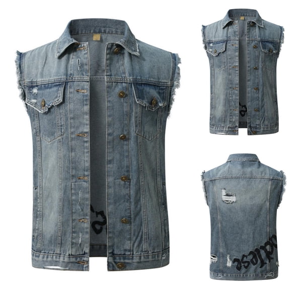Handshe Men's Denim Vest, Solid Color with Notch Lapel Collar Sleeveless Button Front and Distressed Details, Casual Fashion for Daily Wear and Outdoor Activities