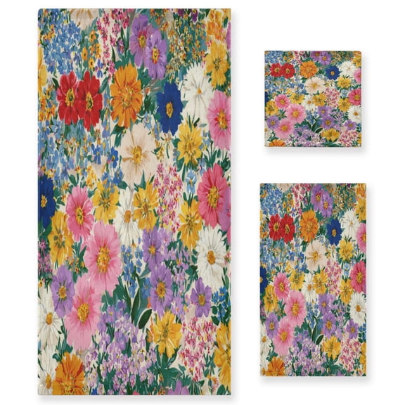 3 Sizes of Towel Sets Including Bath Towel Hand Towel and Washcloth for Daily Use Colorful Wildflowers Pattern
