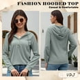 thumbnail image 4 of VDJ Womens Hoodies Long Sleeve Button V Neck Hooded Pullover Solid Waffle Knit Drawstring Solid Green Sweatshirts Size S, 4 of 10