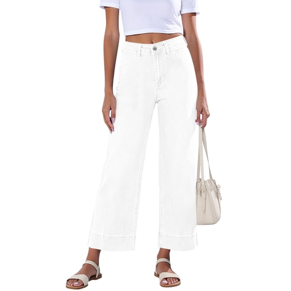 ClodeEU Women's Button Cropped Jeans with Pockets,Casual Loose Fit Denim Ankle Pants White,Womens Plus S