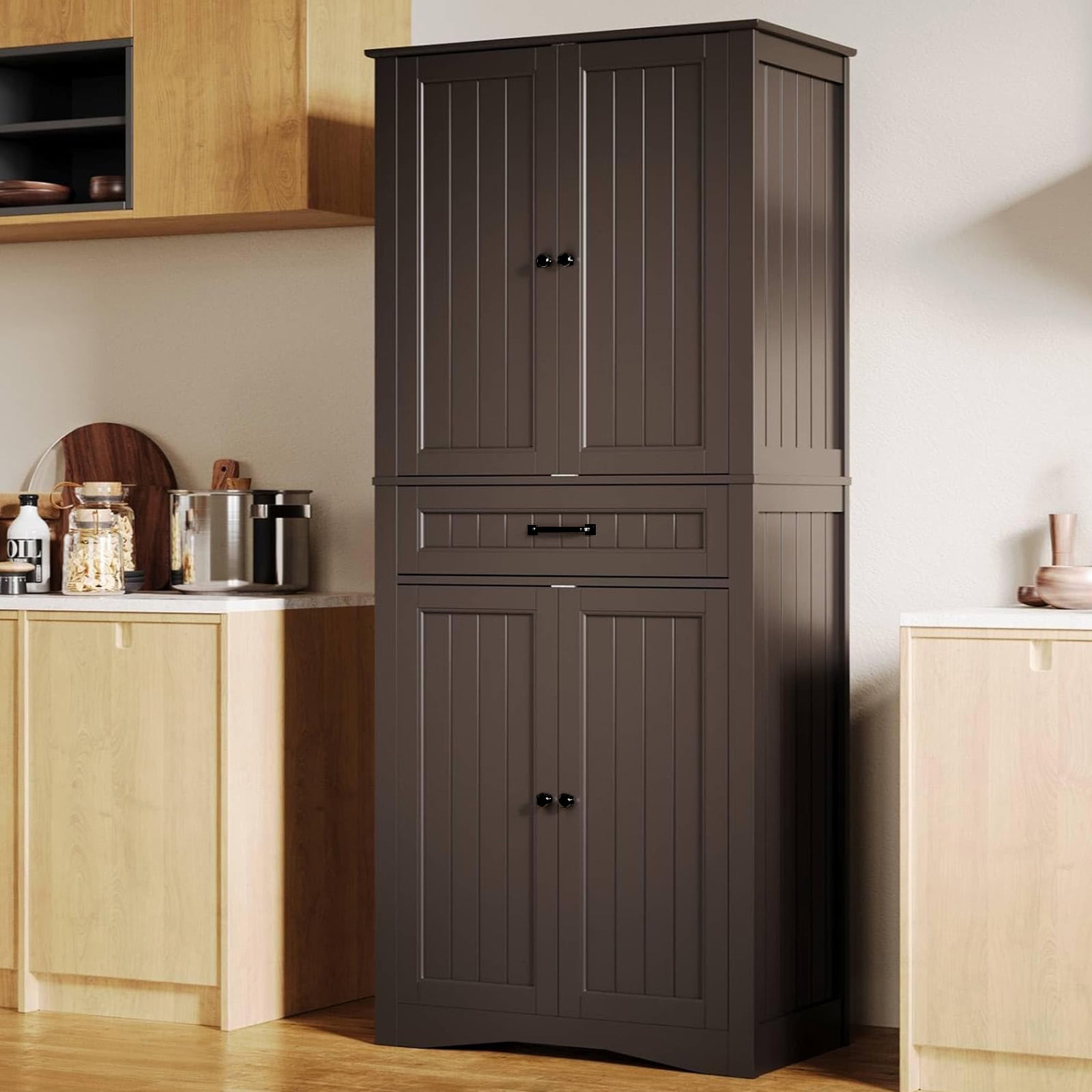 Aiho 71" Kitchen PantryStorage Cabinet with 4 Doors and 4 Adjustable Shelves, Dark Brown