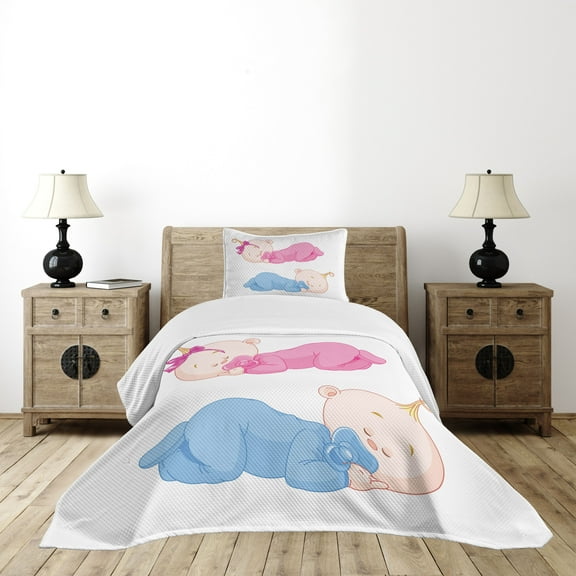 Ambesonne Cartoon Quilted Bedspread Set 2 Pcs, Little Twins in Pajamas, Twin Size, Pink Blue