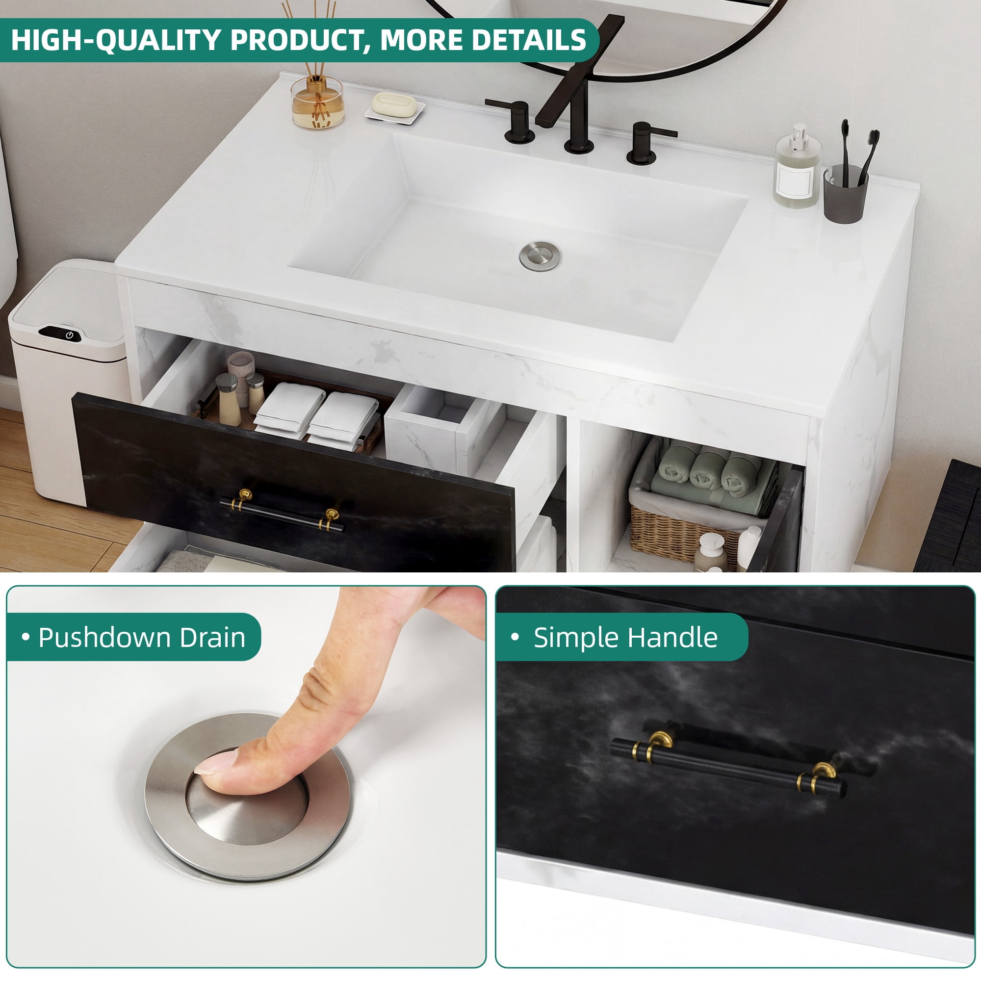 Uforic 37 Inch Floating Bathroom Vanity with Sink, Wall Mounted Bathroom Vanity Cabinet with 2 Drawers & Pre-drilled Three Holes, Modern Black-White Color Block with Marble Texture