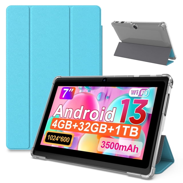 Tablette 7 Pouces Android 13 avec Étui, 4 Go+32 Go+1 To Extensible, Quad-Core, WiFi6, Batterie 3500mAh, Double Caméra, Bleu