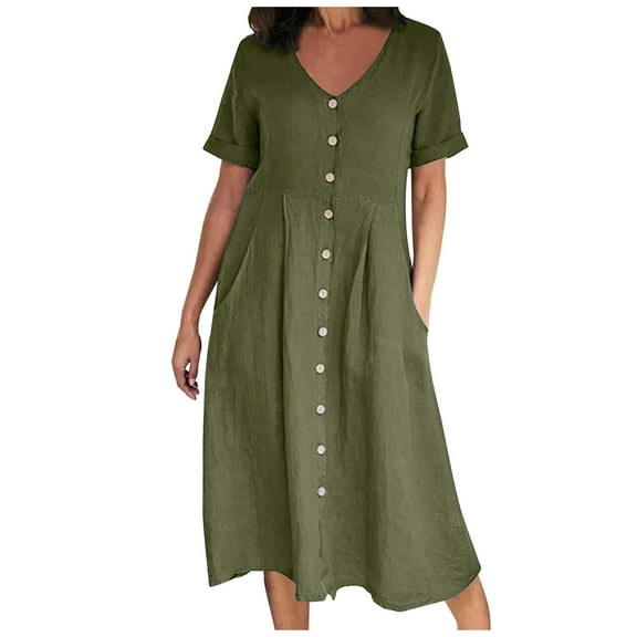 QUYUON Shirt Dress for Women Button Down Midi Dresses Fashion Womens Summer Casual V-Neck Solid Color Short Sleeve Button Pockets Cotton Linen Dress A-Line Beach Sundress Style D-3479 Army Green XXXL