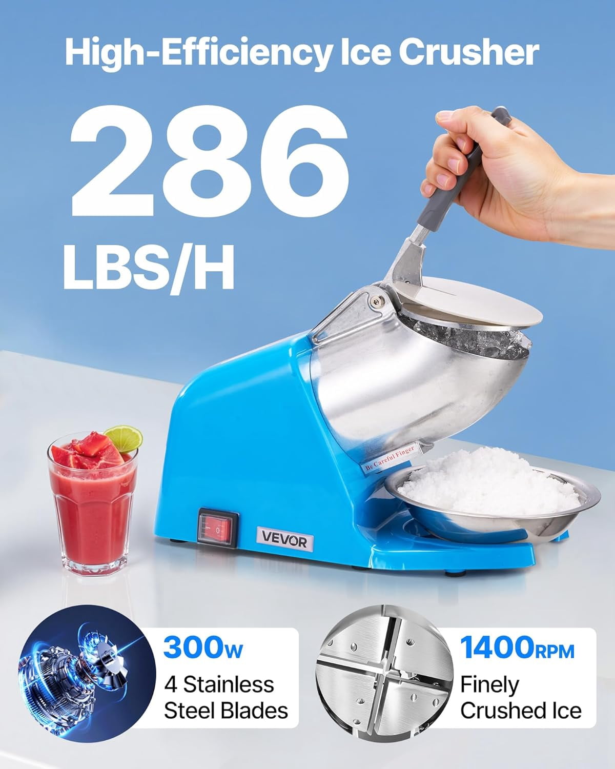 Ice Crusher , 286lbs Per Hour Electric 4 Blades Snow Cone Maker, Stainless Steel Shaved Ice  with Bowl and Cover, 300W 2000RPM Ice-Shaver for Home and Commercial Use, Blue