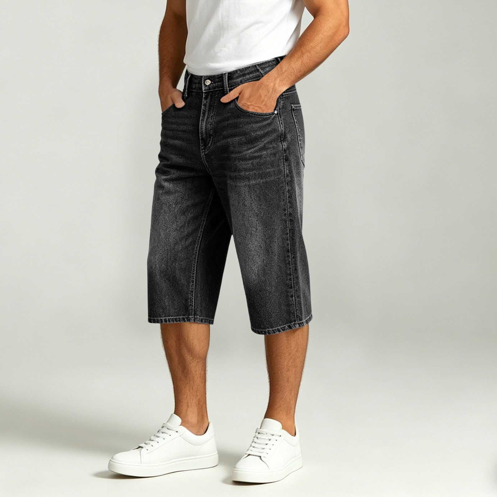 Mens Baggy Jeans Wide Leg Relaxed Fit Denim Capris Pants