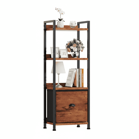 IULULU 4-Tier Slim Bookshelf with Fabric Drawer, Tall Narrow Wood & Metal Storage Shelf Unit, Space Saving Bookcase for Living Room, Bedroom, Office, Rust Brown