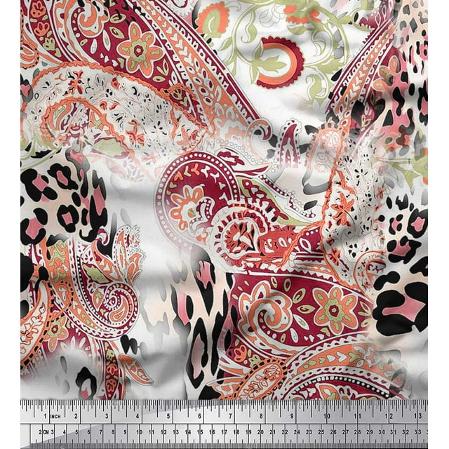 Soimoi Orange Poly Georgette Fabric Paisley & Leopard Animal Skin Print Fabric by the Yard 52 Inch Wide
