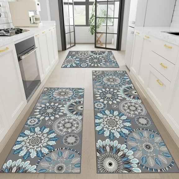 Findosom 3pcs Boho Kitchen Rug Set, Farmhouse Kitchen Runner Rugs and Mat, Washable Non Slip Kitchen Mats Vintage Kitchen Floor Mat Carpet for Hallway Laundry Room Sink 20"x32" 20"x47" 20"x59" Blue