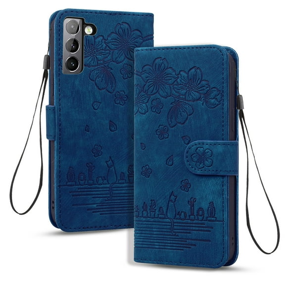 Dteck for Samsung Galaxy S21 Plus Case, PU Leather Embossed Comic Flip Wallet Case with Cart Slot Hand Strap and Kickstand Shockproof Protective Case for  S21 Plus 6.7"  2021 Women Men, Blue