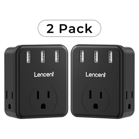 LENCENT USB Wall Plug Outlet Adapter,Multi Plug Outlet Extender,3 Prong Outlet Splitter with 3 USB Ports, Wall Charger Power Outlet for Home,Office 2-Pack Black