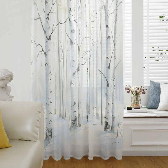 Christmas Tree Semi Sheer Curtains Drapes for Living Room, Bedroom, French Doors Window 63 Inches Long, White Xmas Snowflake Watercolor Rod Pocket Chiffon Curtain Drapery Voile Draperies Panel