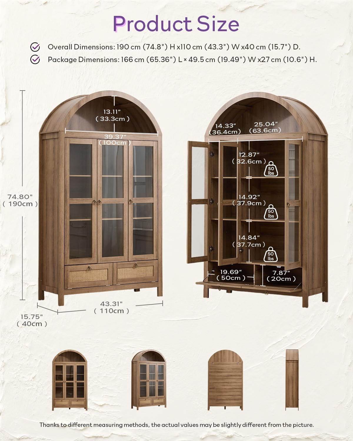 LAZZO 75" Arched Pantry Cabinet with Glass Doors, Rattan Drawers and Anti-Tipping Storage Cupboard for Kitchen and Living Room, Natural Wood