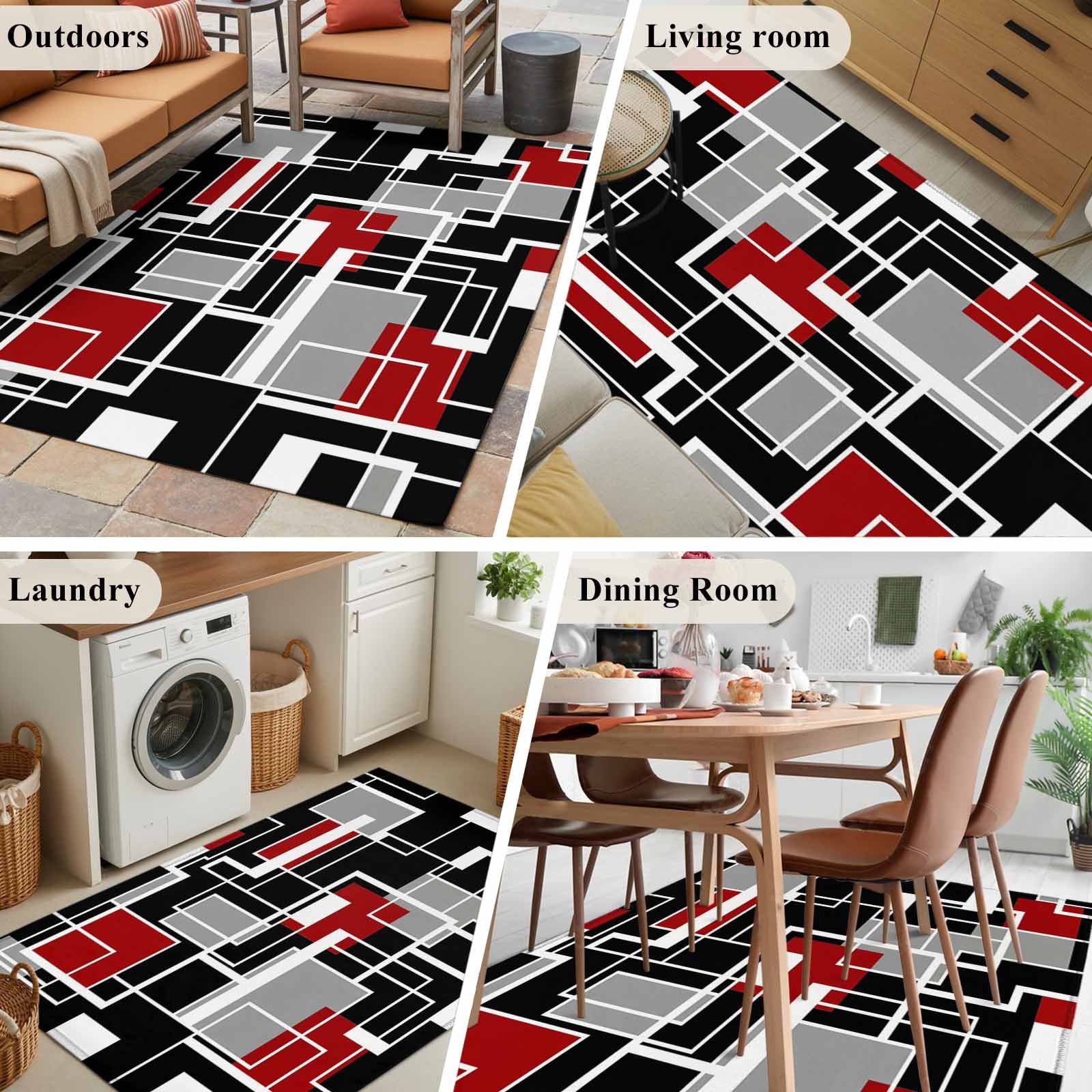 Red Black Geometric Area Rugs 3'x5', Washable Small Throw Rugs for Living Room Bedroom, Modern Color Block Abstract Indoor Outdoor Rug Non-Slip Low Pile Carpet Runner Reversible Floor Mats